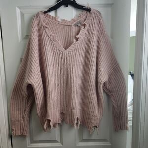 Wonderly Light Pink Distressed V-Neck Sweater